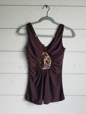 Wild Cat Y2k Sleeveless Rhinestone Sequins Deep V-neck Top Size Small